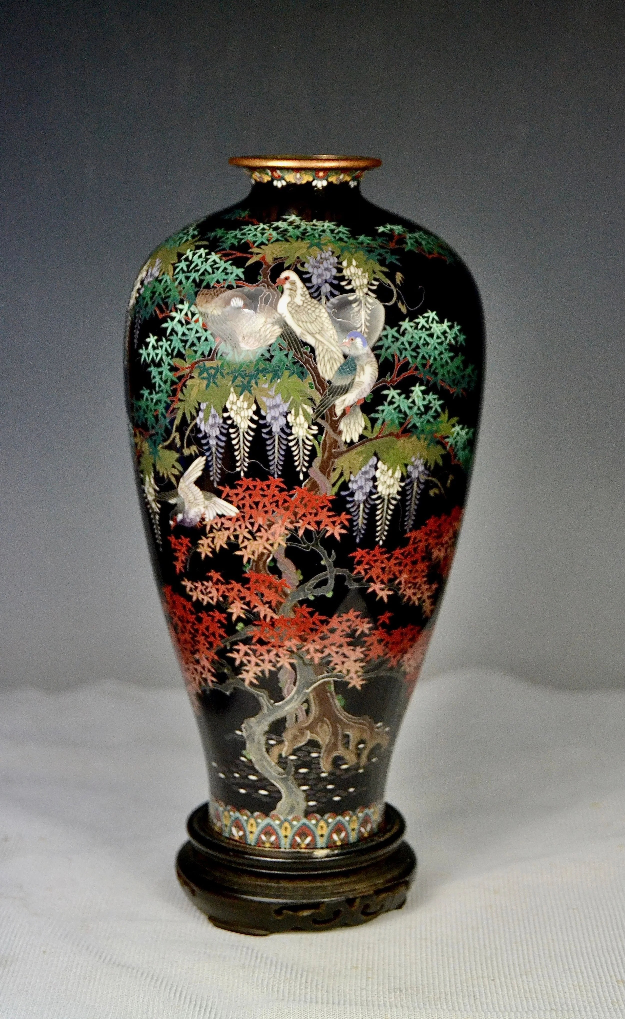 (SOLD)      Rare and Outstanding Fine Silver Wire Japanese Meiji Cloisonne Vase Signed Hayashi School