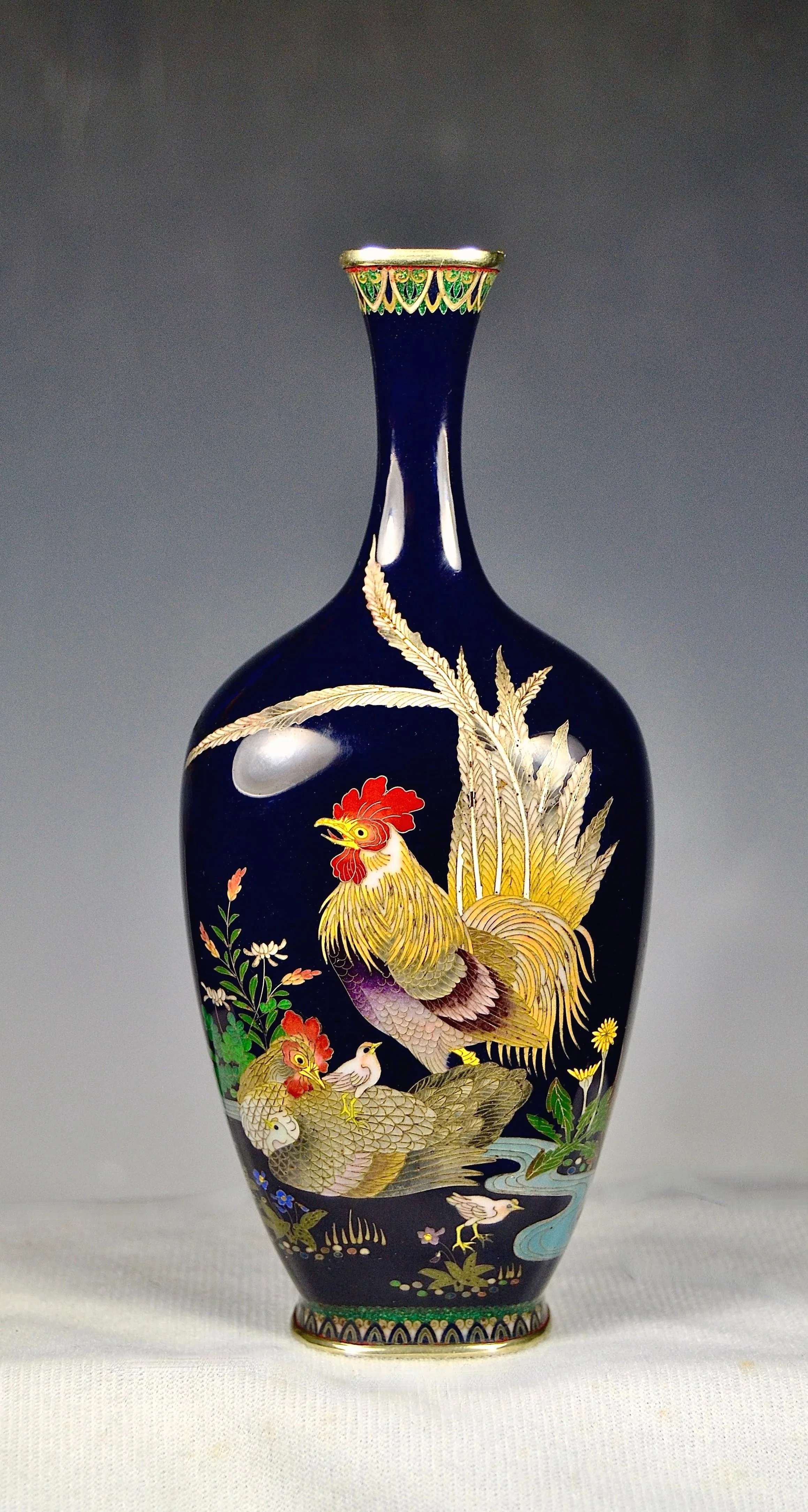 (SOLD)                   Fine  Silver Wire Japanese Meiji Cloisonné Rectangular Vase w/ Hen & Rooster