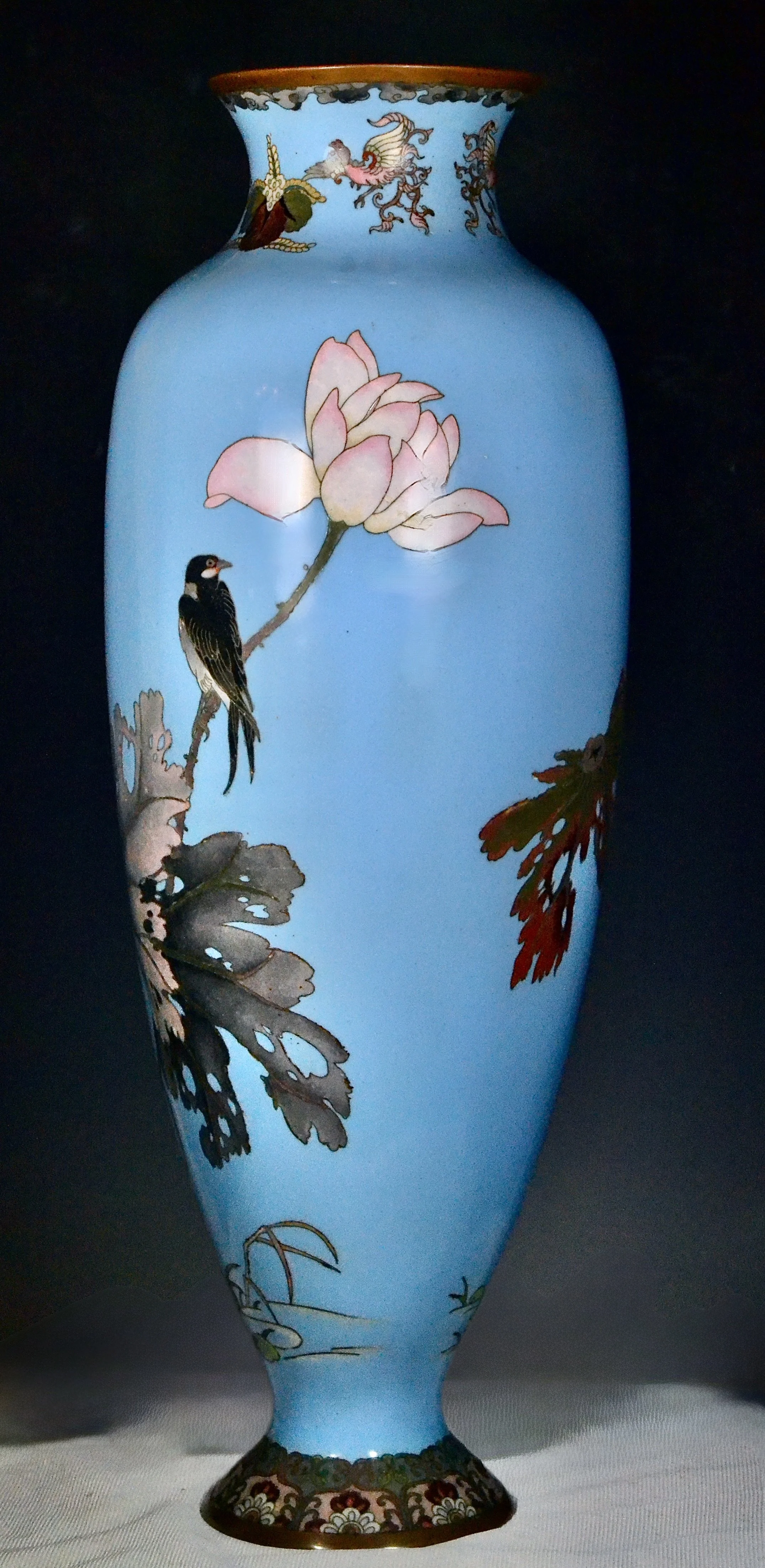 Long, Tall Meiji Silver Wire Japanese Cloisonne Vase by Sousuke w/ Lotus Flowers and Swallow Birds