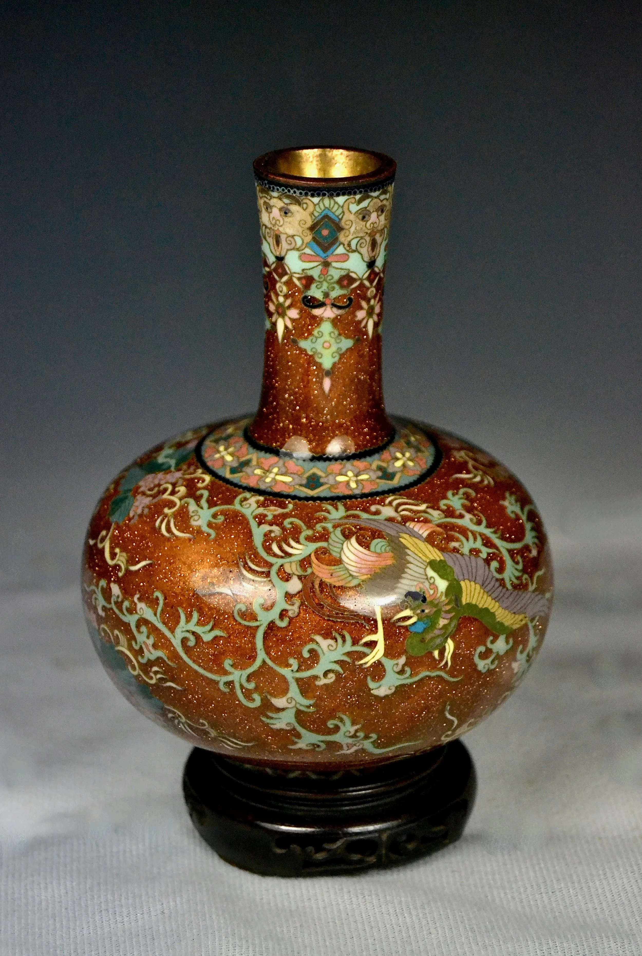 Rare and Unique Antique Silver Wire Japanese Cloisonne Vase Swirling Phoenix on Aventurine Signed Ota