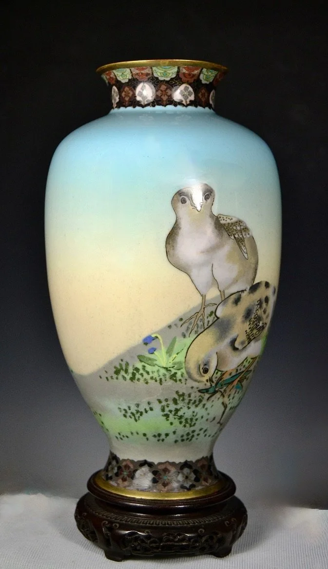 Chicks on grassy knollBeautiful Fine Silver Wire and Wireless Japanese Meiji Cloisonné Vase Chicks on a Grassy Knoll - attr. Namikawa Sosouke
