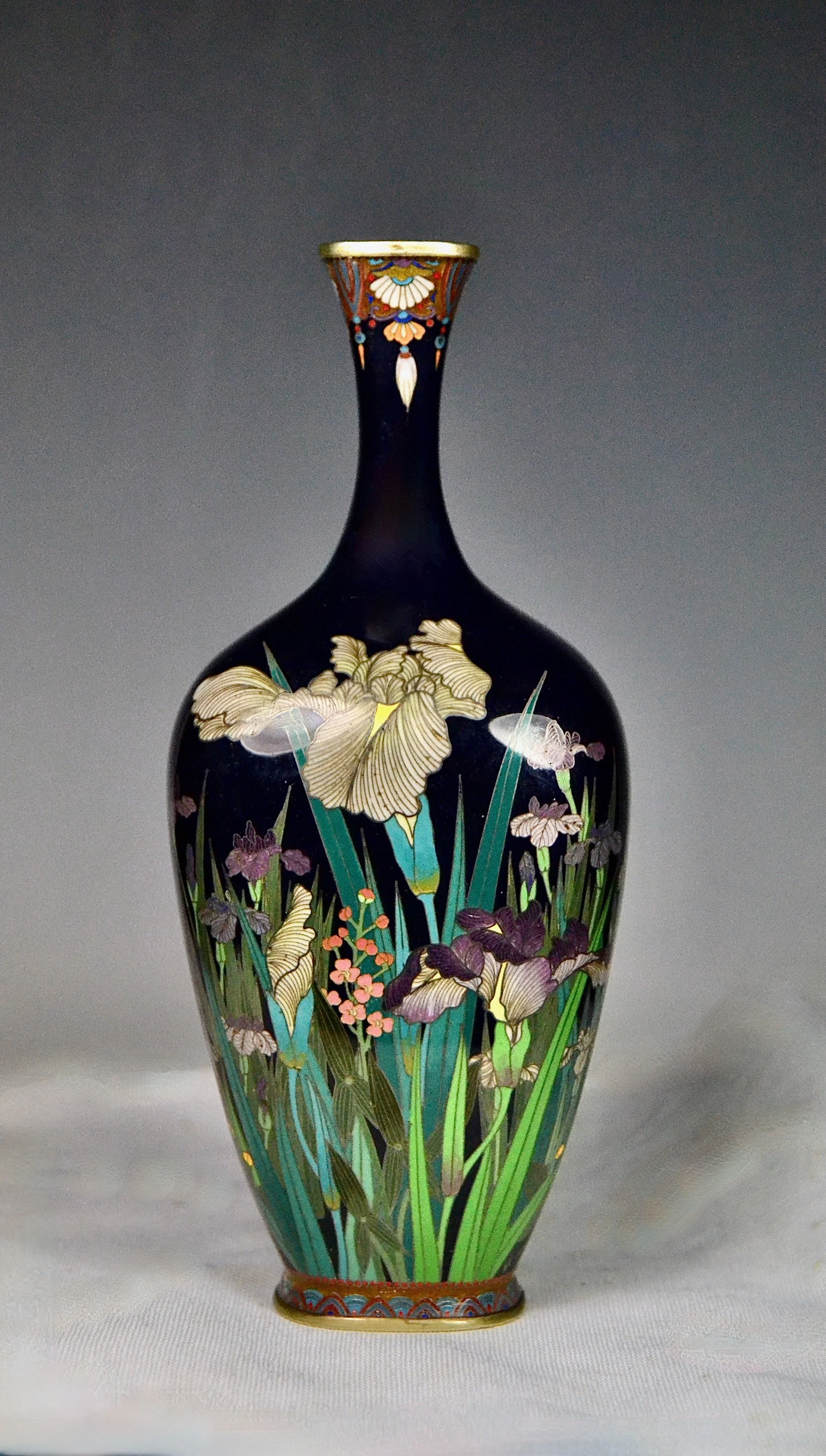 Beautiful Shaped Fine Silver Wire Japanese Cloisonne Meiji Rectangular Vase *Japanese Iris