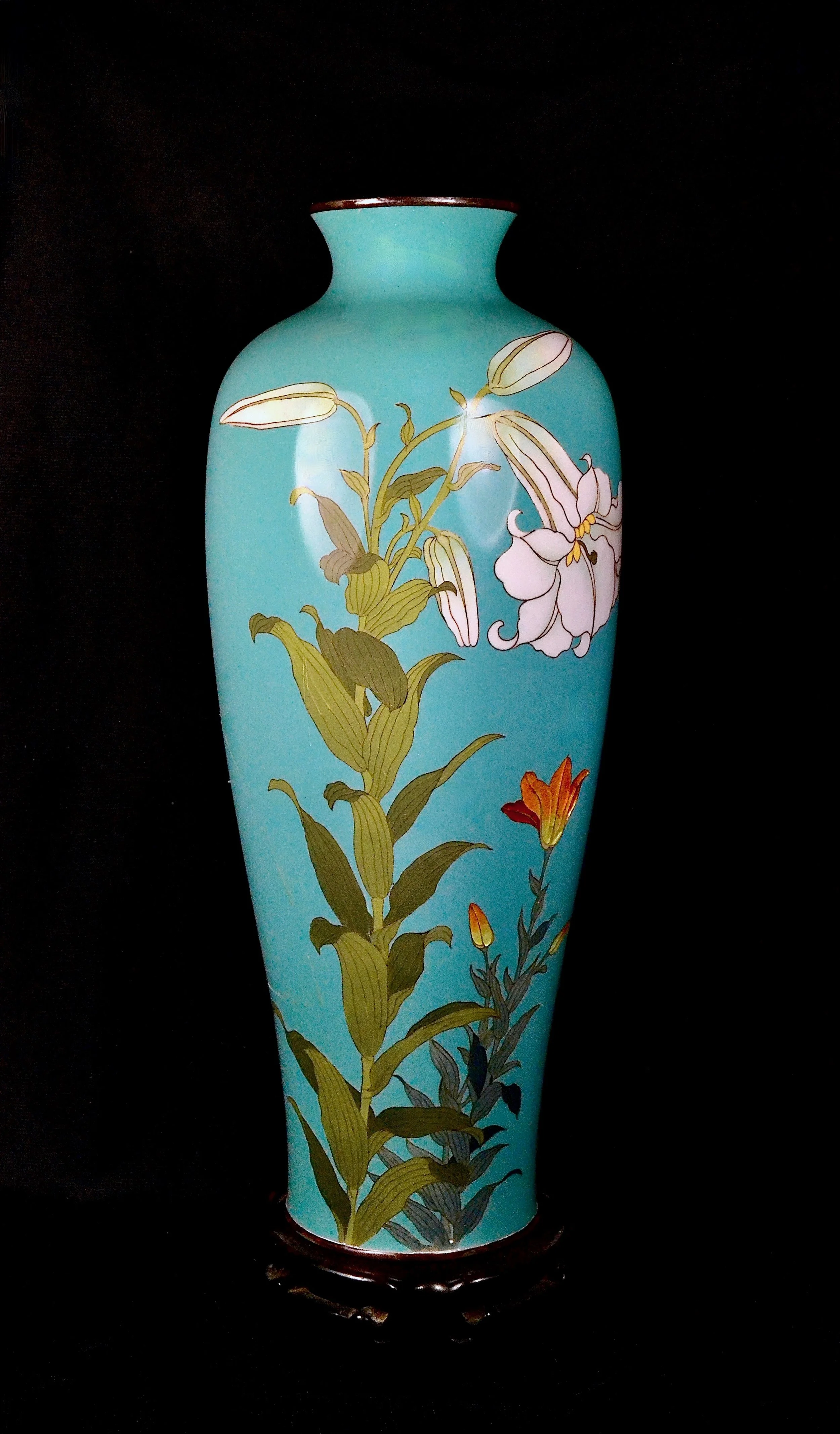 Tall Fine Silver Wire Japanese Meiji Cloisonné  Lilies on Blue Signed Ota Jinnoei