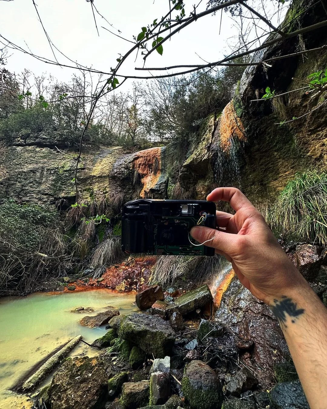 A person's hand with a tattoo holding a camera, taking a photo of a small waterfall and rocks in a forested creek.