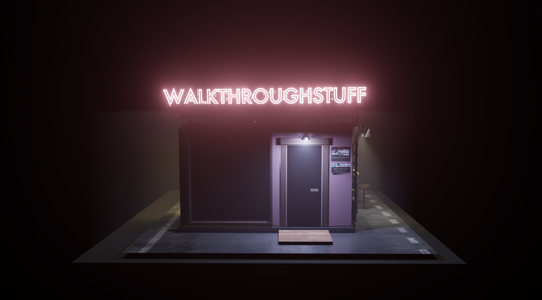 Neon sign spelling 'WALKTHROUGHSSTUFF' illuminating a dark room over a small kiosk or booth.