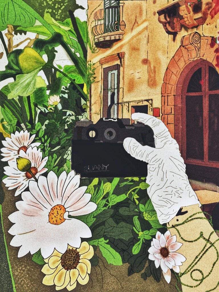 A drawing of a hand holding a camera, surrounded by green plants and flowers, with a building facade in the background.