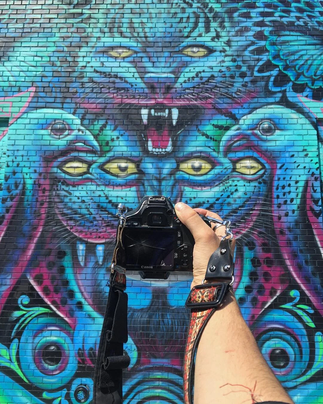 A colorful mural of a fierce animal with a lion-like face, multiple glowing eyes, and sharp teeth, painted on a brick wall, with a person holding a camera in front of it.