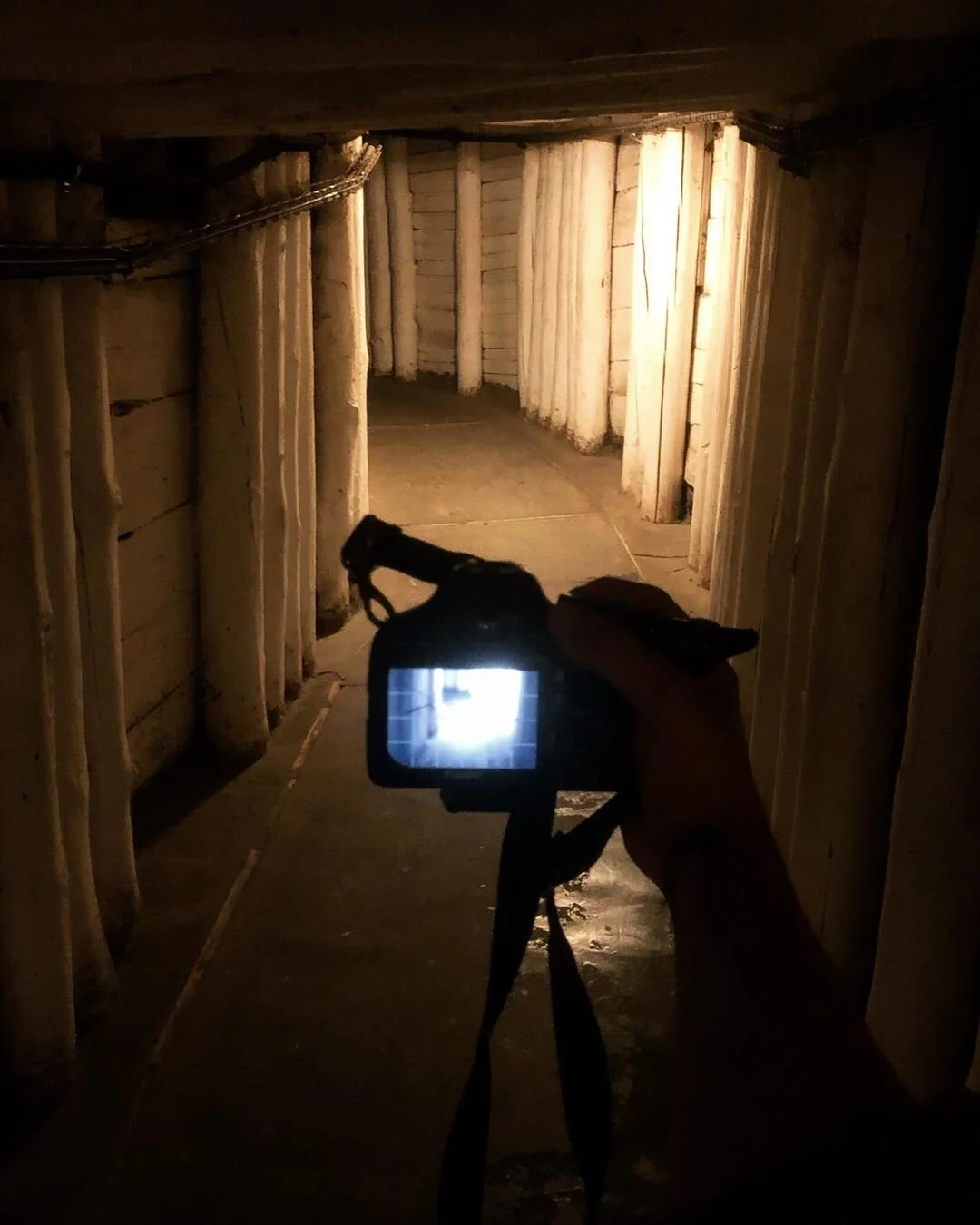 A person holding a camera inside a narrow wooden tunnel with logs on both sides. Light is visible at the end of the tunnel.
