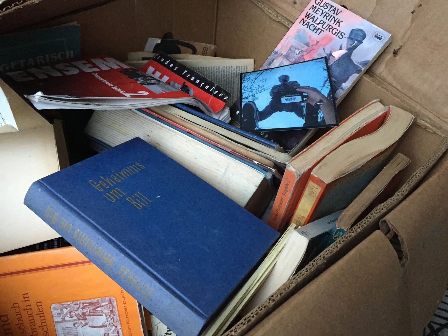 A cardboard box filled with various books, magazines, and a photograph. The books include titles in German and English, with some open and others closed. The photograph on top shows a person taking a selfie outdoors. The book titles include 'Gefahren