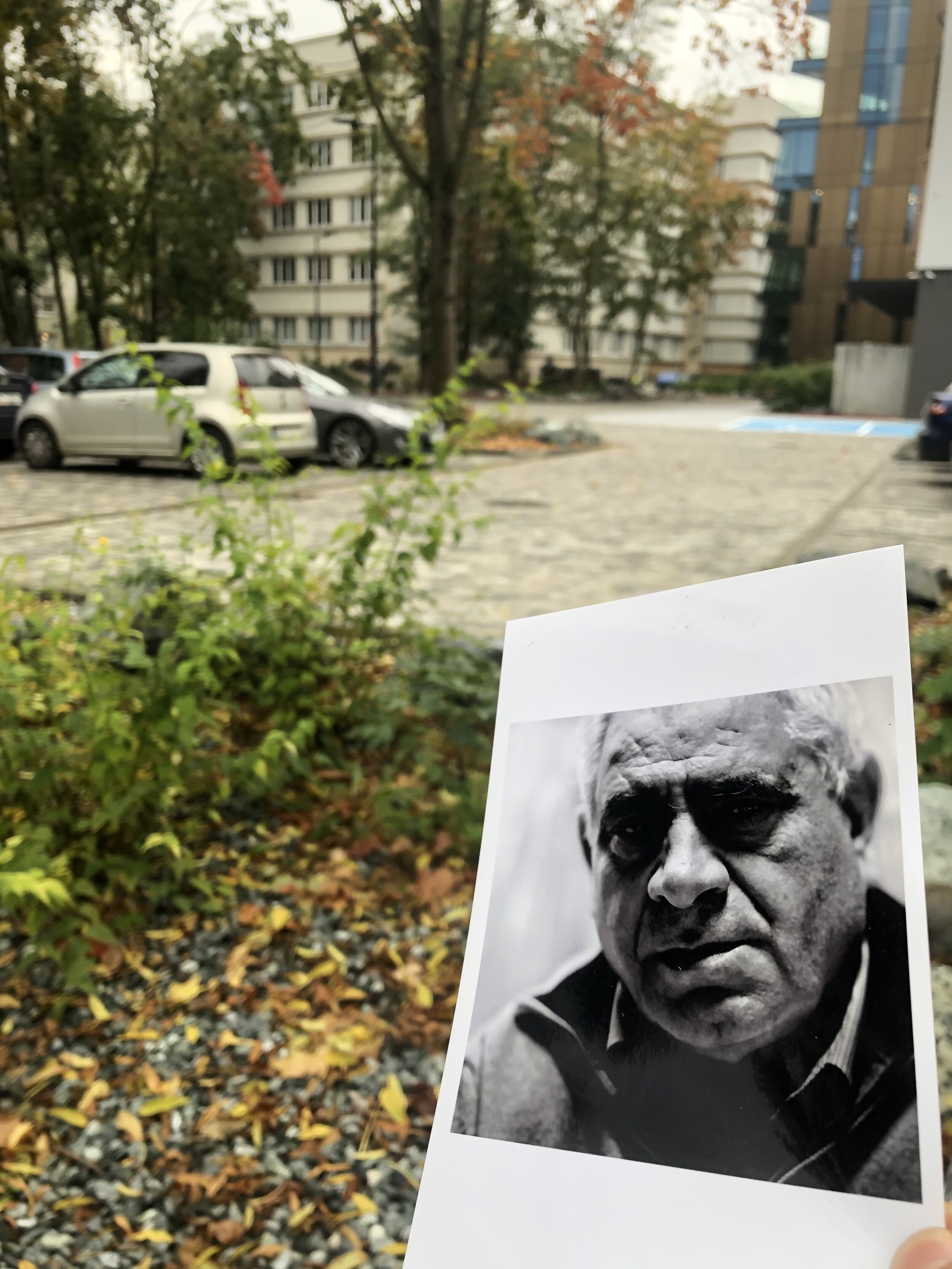 View of a parking lot with cars and a background of trees and apartment buildings, with a black-and-white photo of a man’s face in the foreground.