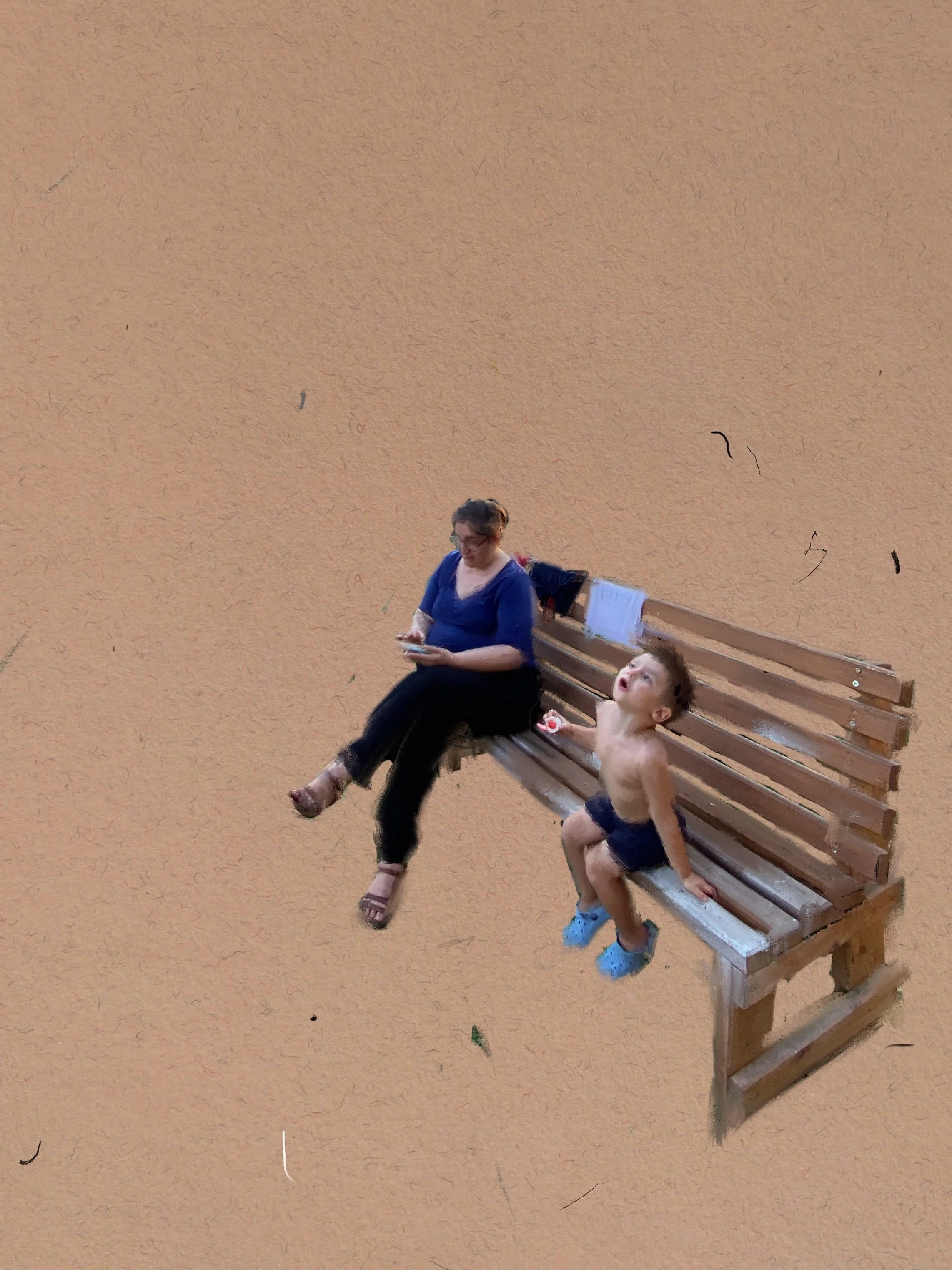 A woman sitting on a park bench looking at her phone while a child beside her is shirtless and looking up, with a textured background.