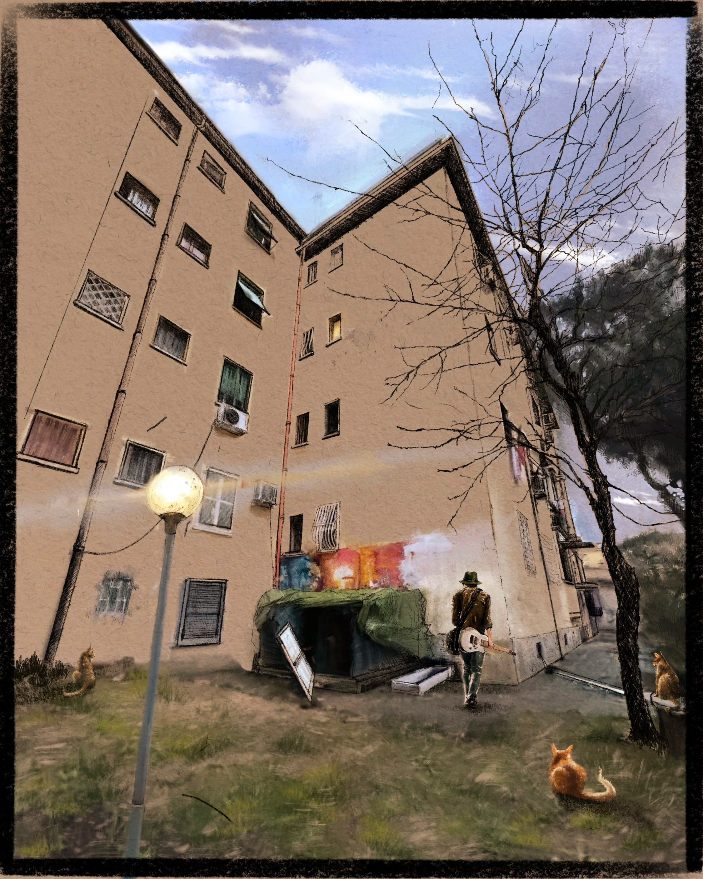 A painting of an urban scene with a tall beige apartment building, leafless trees, a man with a guitar walking, sitting cats, a street lamp, and a colorful mural on the building wall at dusk.