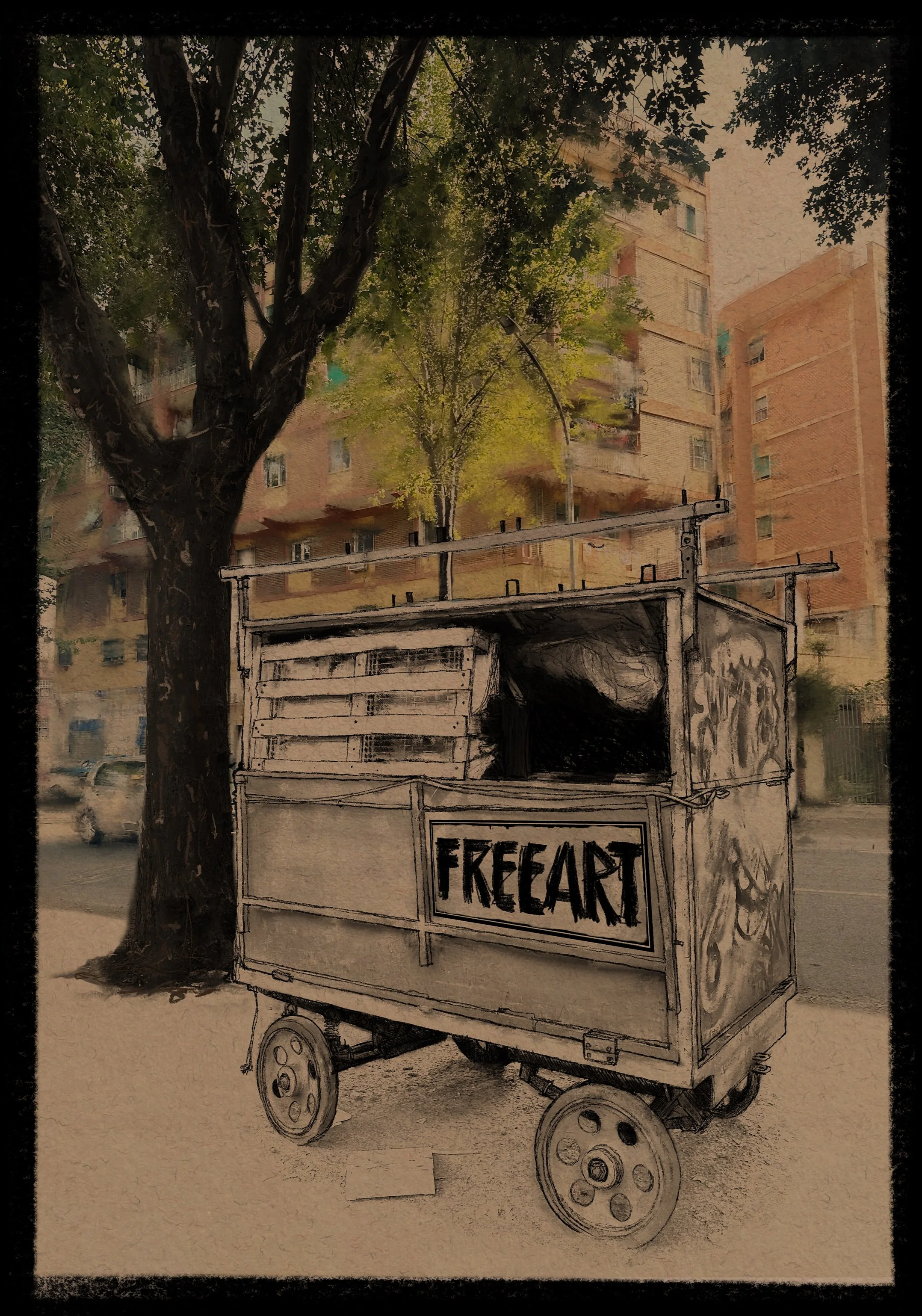 A black and white sketch of a small cart with wheels and the words 'FREESART' on its side, positioned outdoors near a tree with green leaves, with multi-story brick apartment buildings in the background.