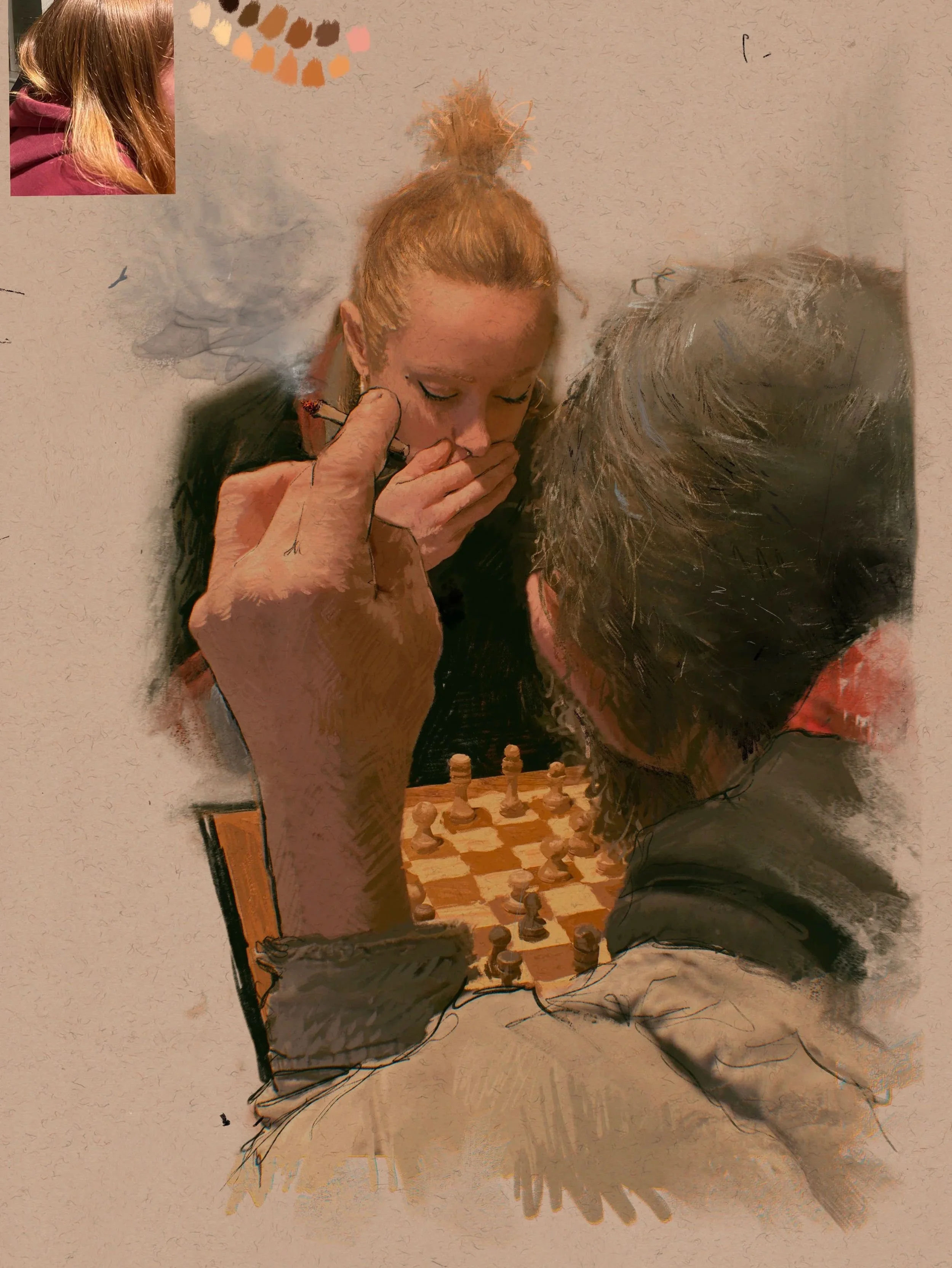 A woman with red hair tied up in a bun is playing chess with a person with long gray hair. The woman appears pensive, covering her mouth with her hand. The chessboard is on the table in front of them.