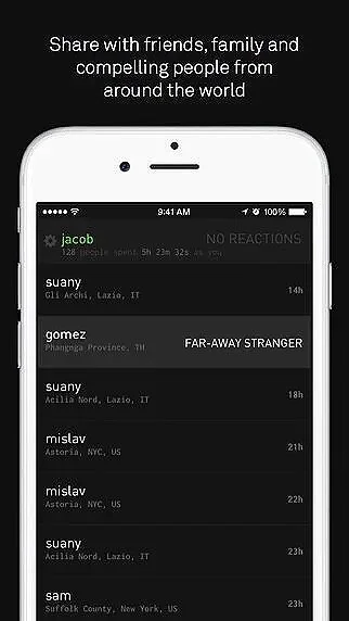 Smartphone screen displaying a messaging app with conversations from various users and a header encouraging sharing with friends and family.