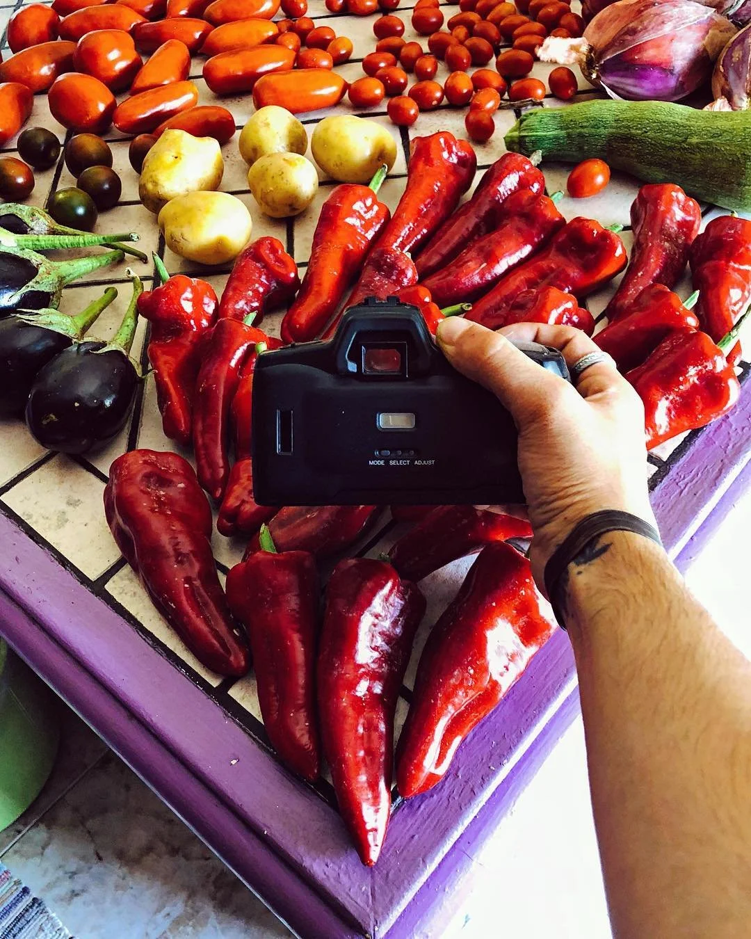 Person taking a photo of a variety of red peppers, eggplants, potatoes, and cherry tomatoes laid out on a tiled table at a market.