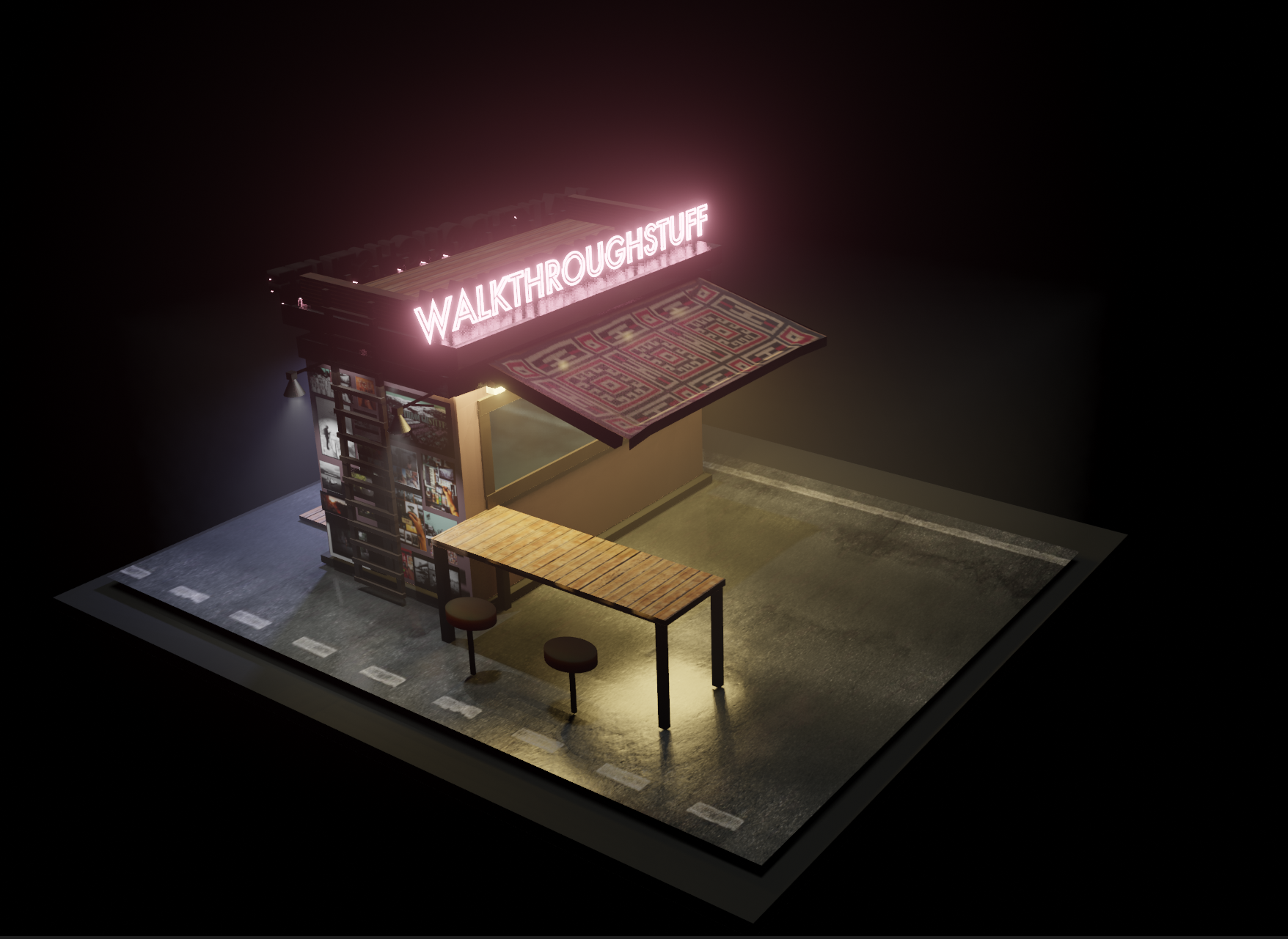 Miniature model of a roadside stand with a neon sign that says 'Walkthroughstuff', a display of photos or posters, a small table with stools, and a decorative rug on the roof.
