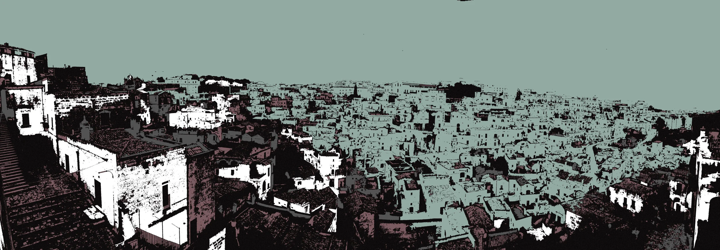 Graphically edited photo of a densely built cityscape with numerous buildings, some with rooftops visible, under a plain sky.