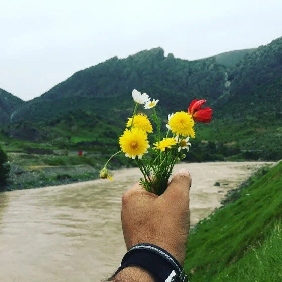 Person holding a small bouquet of colorful wildflowers near a river with lush green hills in the background.