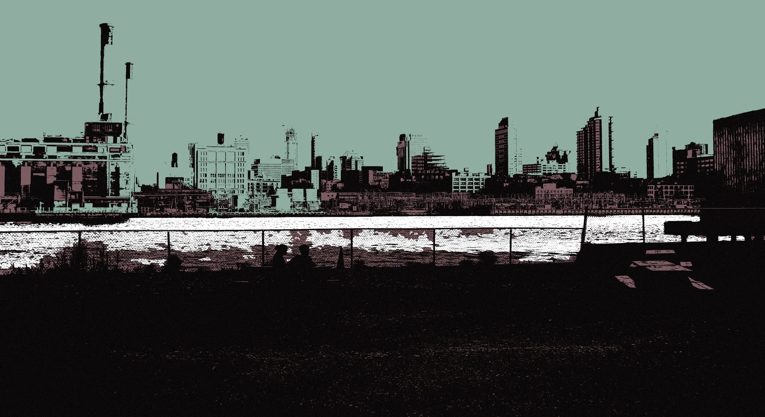 A stylized, high-contrast digital illustration of a city skyline featuring various tall buildings and smokestacks, viewed across a body of water with a dark silhouette of two people sitting in the foreground.