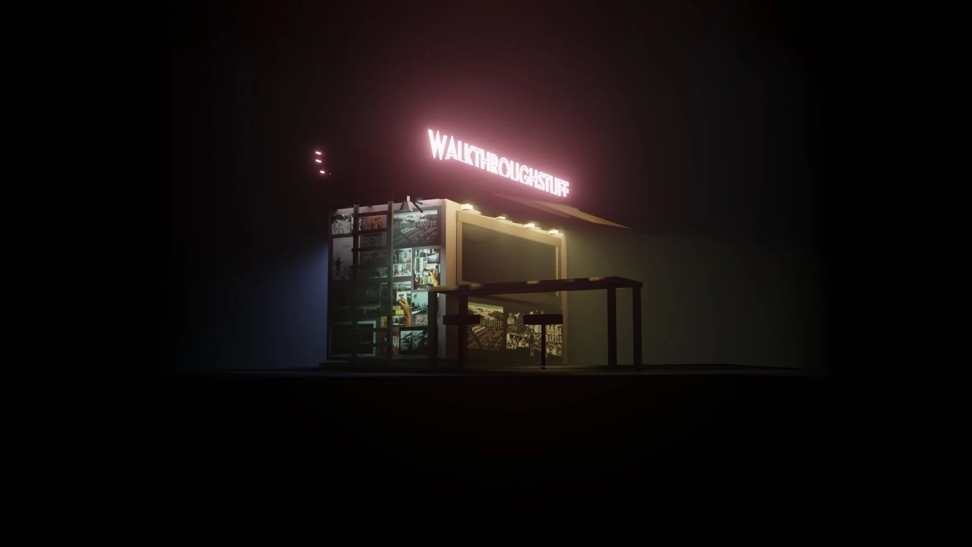 Nighttime scene with a lit sign that reads 'Walkthroughs' and window display with various images and posters.