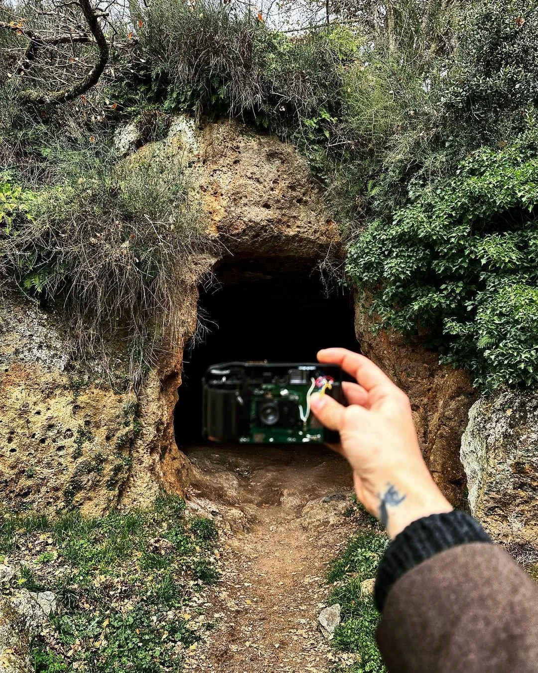 Person taking a photograph of a small cave entrance surrounded by green bushes and trees in a forest.
