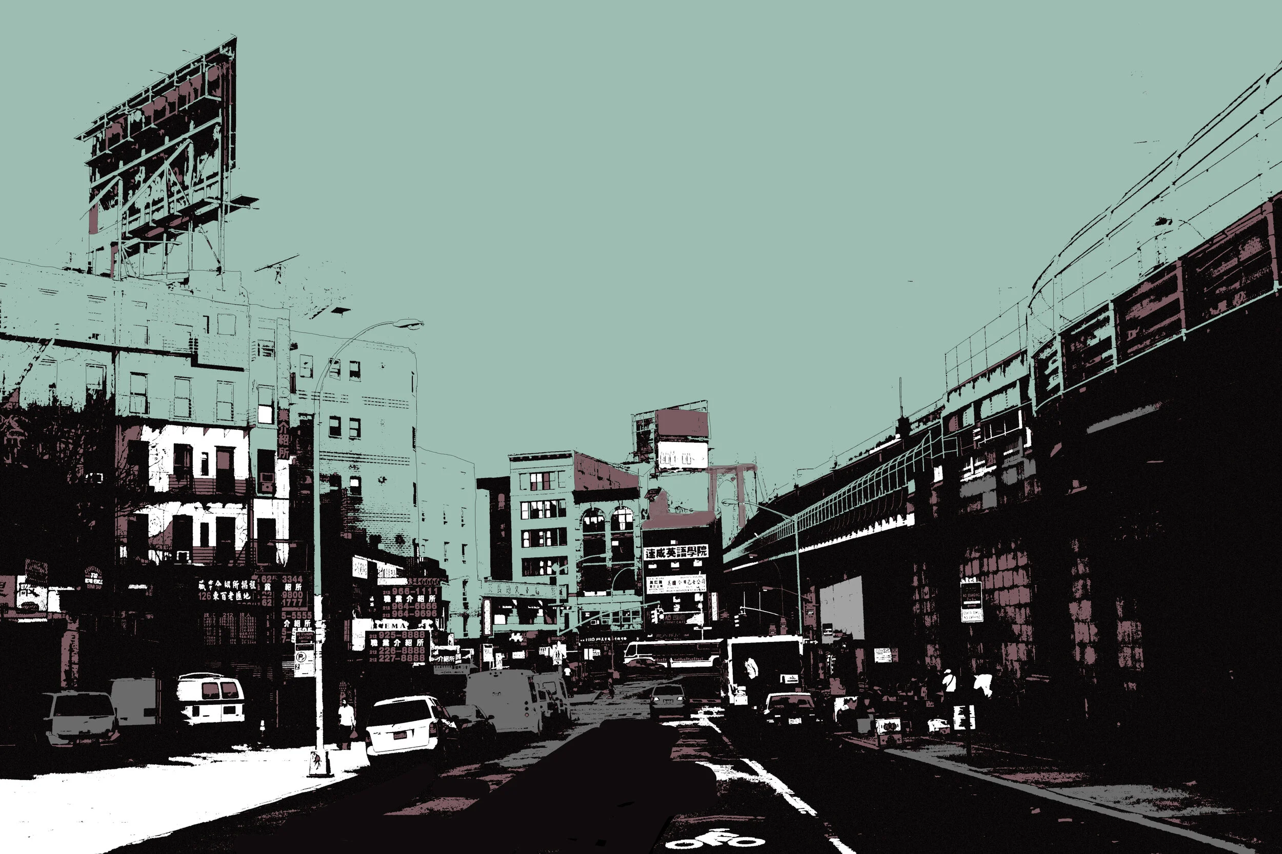 Urban street scene with buildings, parked cars, street signs, and an elevated train track against a clear sky.