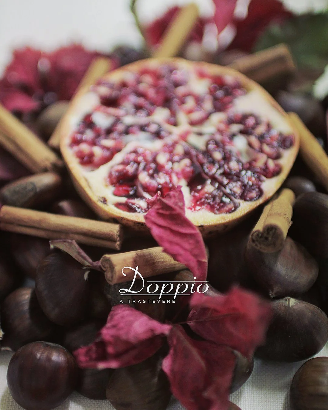 A halved pomegranate with red seeds on a bed of cinnamon sticks and dark brown chestnuts, with red and pink leaves around it.