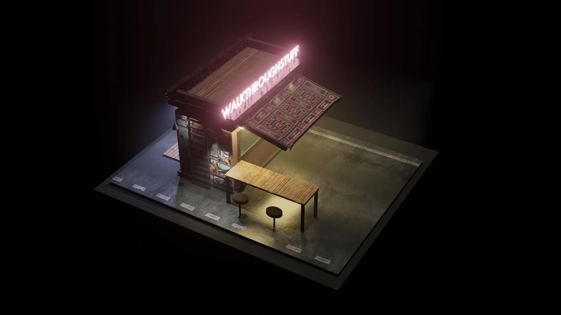 Miniature model of a small street scene with a building that has a neon sign reading 'WALKTHROUGHTUFF', a bench, two stools, a canopy with red and white patterns, and some posters.