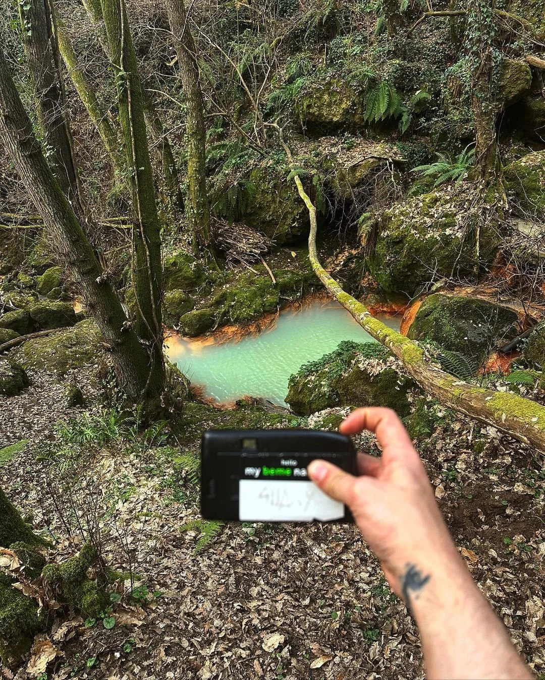 A person taking a photo of a small, turquoise-green pond surrounded by rocks and trees in a forest.