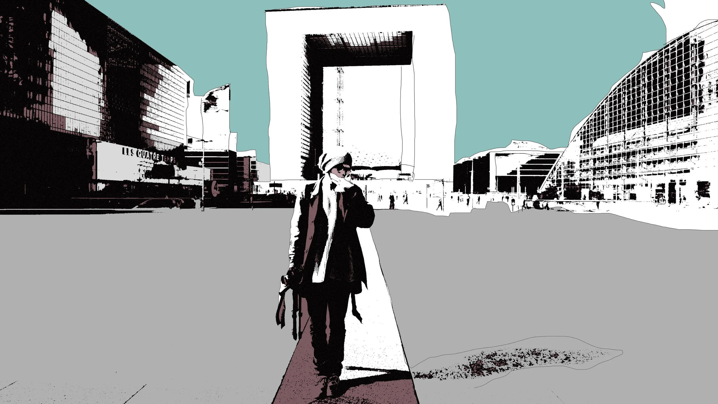 A person standing in an urban area with modern buildings, wearing a jacket and sunglasses, holding a bag, and standing on a crosswalk.