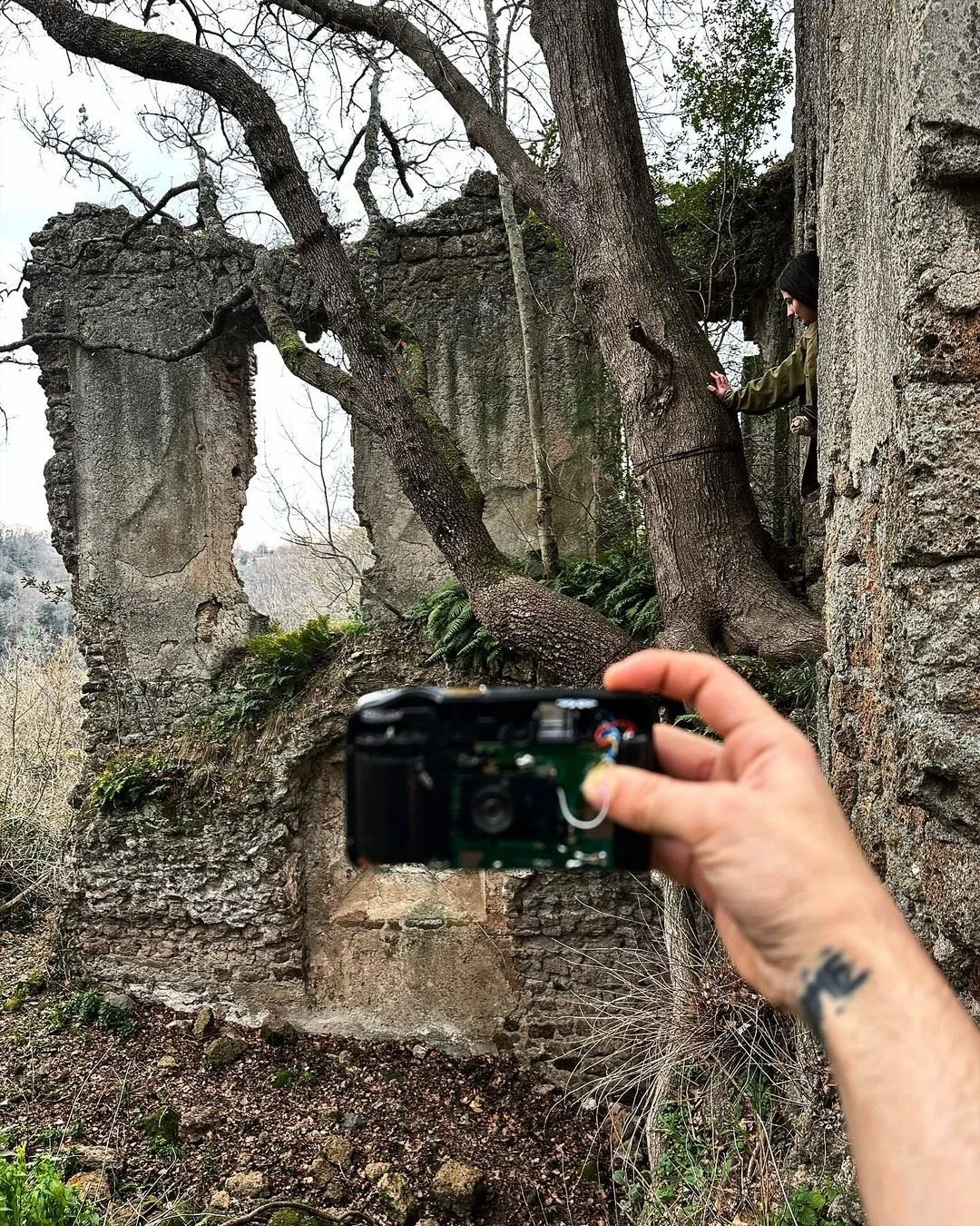A person taking a photo of trees growing through the ruins of an old stone structure.