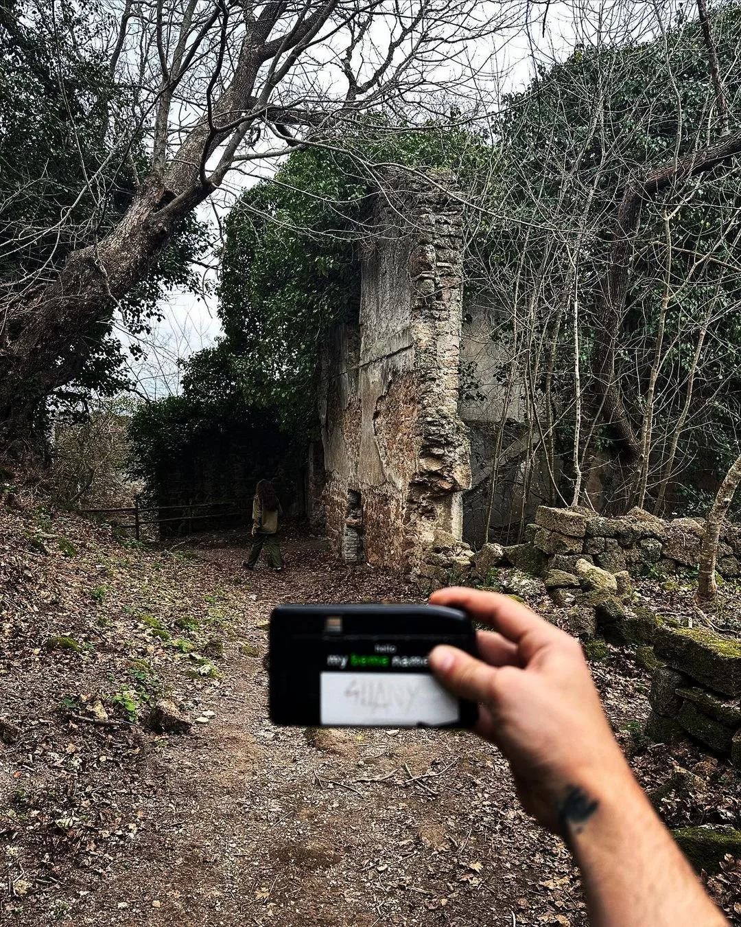 Person taking a picture with a phone of an old, crumbling stone structure surrounded by trees and overgrown foliage in a wooded area.