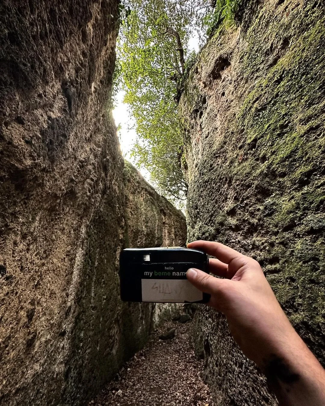 Person holding a camera in a narrow rocky canyon with moss-covered walls and trees above.