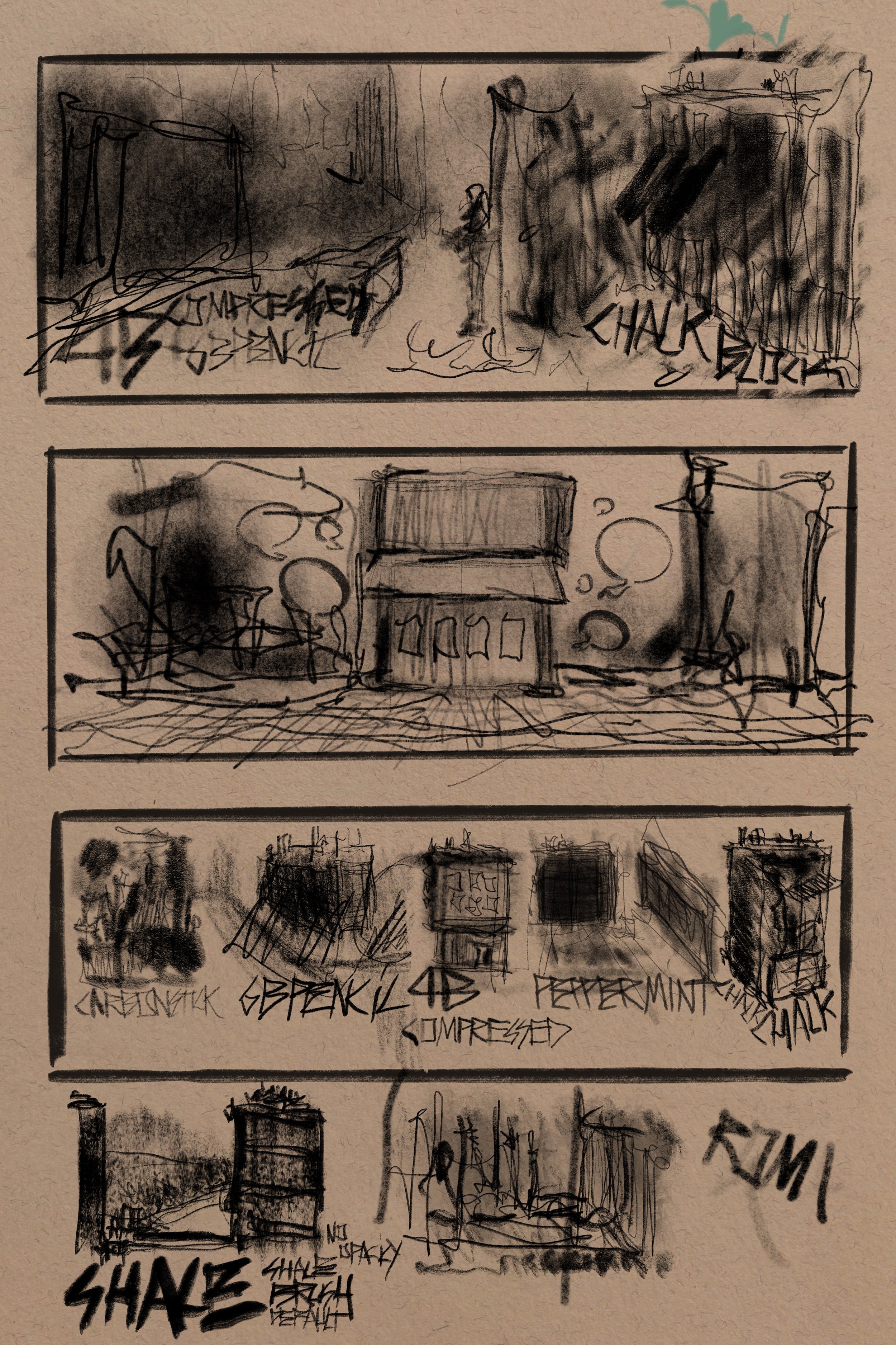 Sketches of urban scenes with buildings, park benches, and graffiti, rendered in black ink with some shaded areas.
