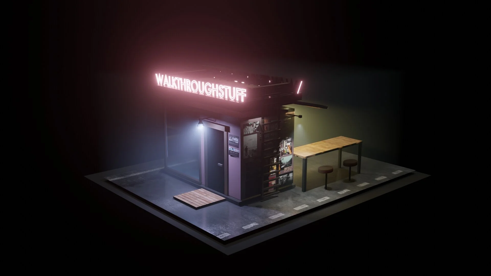 Model of a small shop or café with neon sign 'WALKTHROUGHSTUFF', a fridge, bookshelves, a wooden table, and two stools, in a modern indoor setting.
