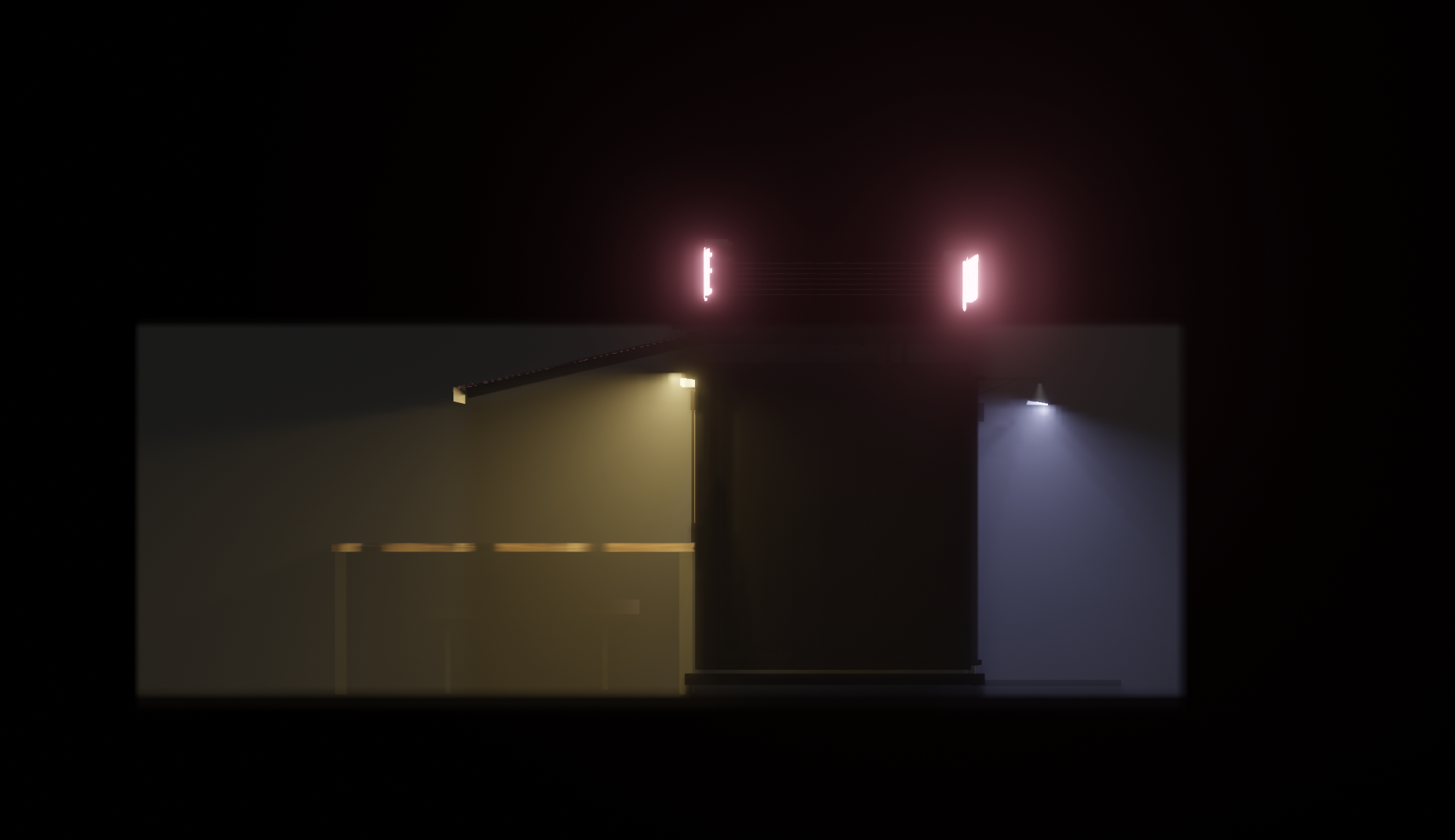 Dark minimalist scene with glowing pink lights on top of a structure, two bottom lights in yellow and blue illuminating parts of the building in a futuristic style.