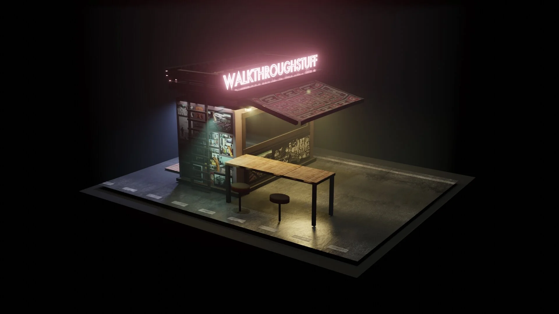 A miniature room diorama with a neon sign that says 'WALKTHROUGHSUP' on top, a small table with two stools, and a wall of framed photos and artwork illuminated under warm lighting.
