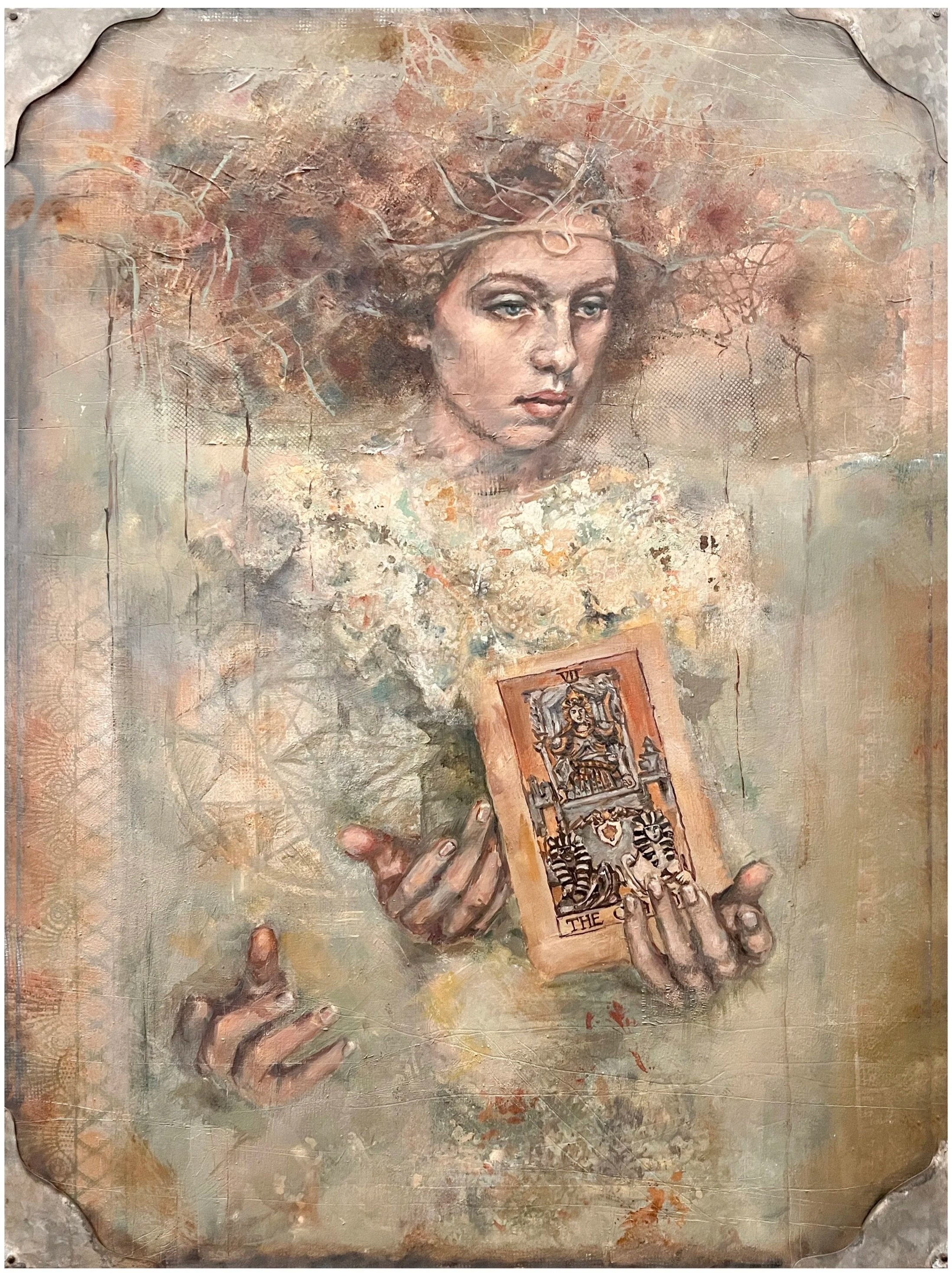  
  The Chariot  
 


  


 
2022 
40H x 30W x 2D in.
 

  

 
Acrylic and silk painting on birch wood panel with antique tin molded corners.
     Inquire    
 
  

