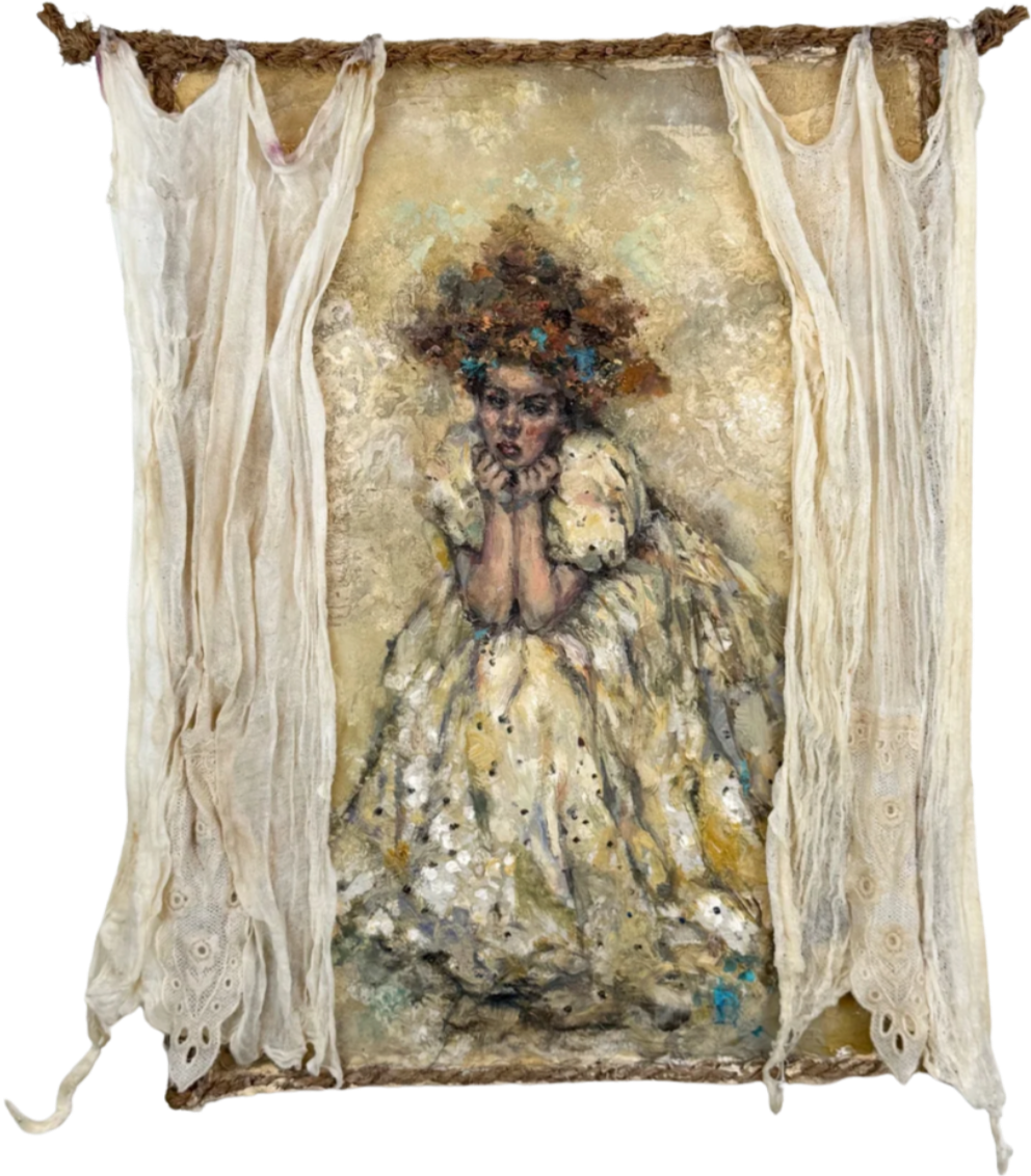  
  Curtain Call    




  








 
2025 
16H x 15W x 2D in. 




  




 
Mixed media assemblage made of plaster, silk, acrylic and plaster paints, laminated jute and laminated gauze fabric.
     Inquire    
 
  
