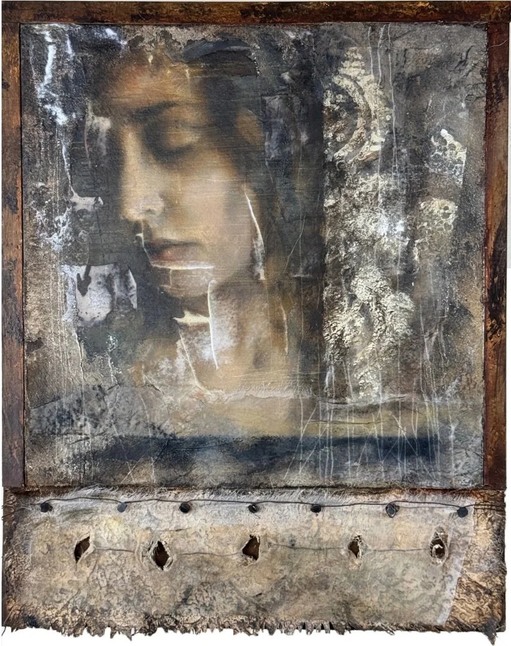  
  She Sits at the Window    
 
 she sits at the window  
 dust and light share the silence  
 of a passing hour  
 


  




 
2025 
14H x 11W x 2D in. 


  


 
Mixed media assemblage constructed of plaster, silk, canvas, wax, wire, nails, and wea