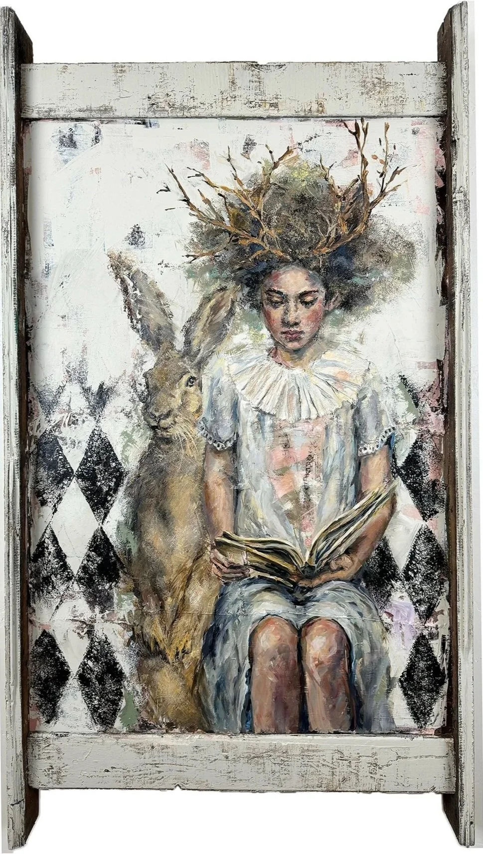  
  Spark of Madness    


  


 
 not available.  
2024 
47H x 26W x 4D in. 


  


 
Acrylic paint and silk fabric on birch wood cradle. Three-dimensional collar made of gauze and fabric paste. Framed with salvaged redwood fencing.
 