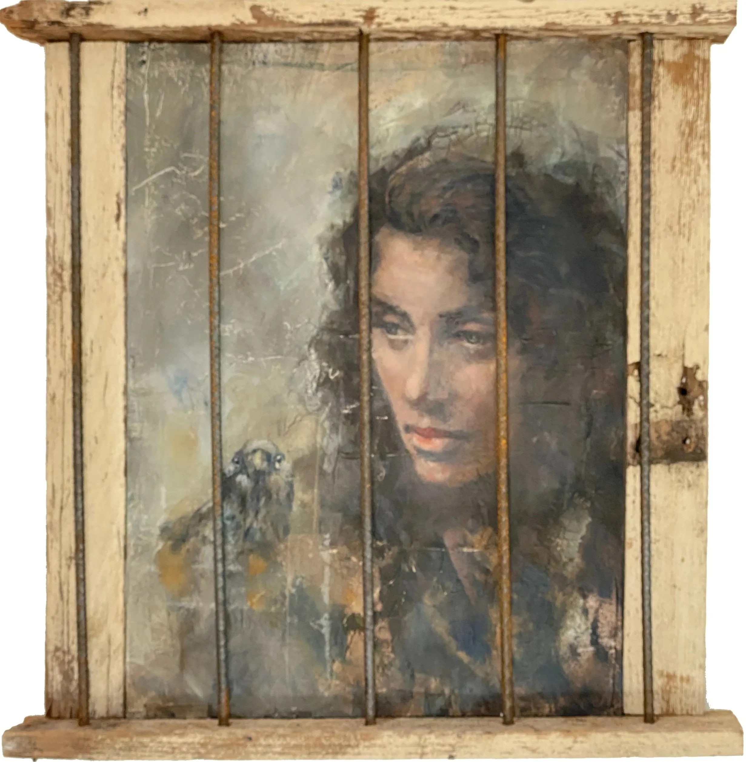  
  Witness    


  
 
 not available.  
2022 
26H x 26W x 3D in. 
  
 
Acrylic and silk on birch wood panel, framed with antique pickets and salvaged rebar.
 