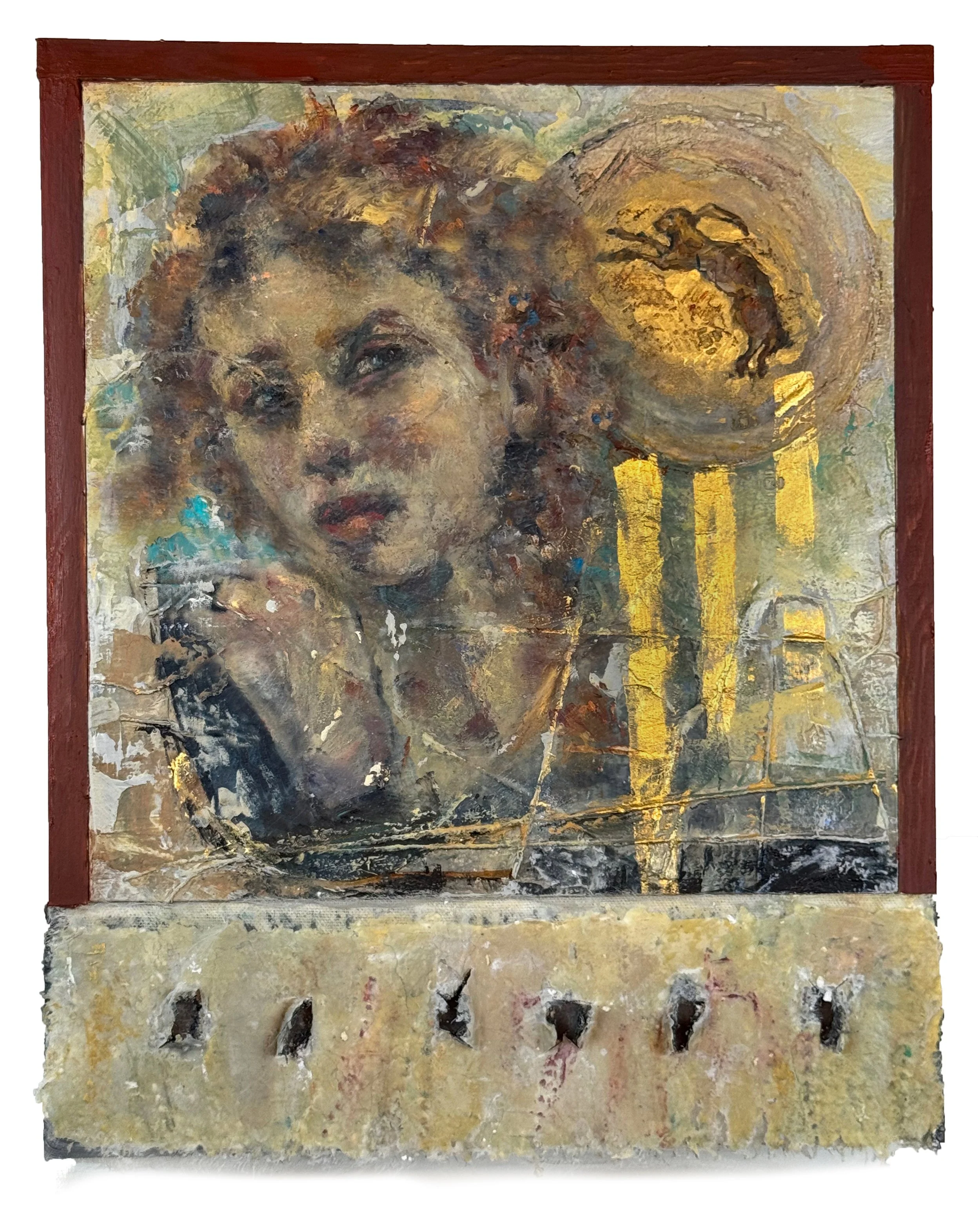   Rabbit Heart   
2025 
14H x 11W x 2D in 
Mixed media assemblage incorporating silk, string, wax, gold leaf, canvas, plaster, lace and weathered wood.