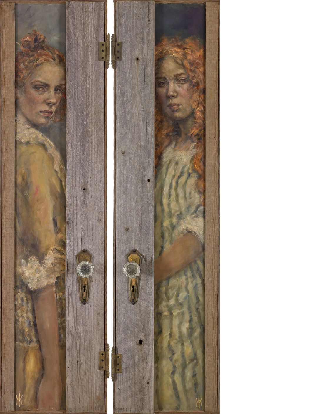  
  No Admission    
  
 
2026 
 diptych  
48H x 12W x 1.75D in. 
  
 
Acrylic and mixed media on panel, housed within salvaged custom cabinet
doors  with vintage glass knobs.     Inquire    
 
  