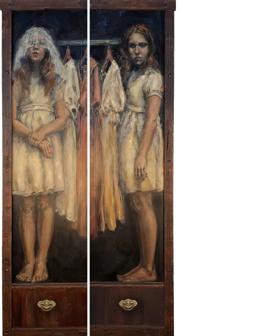  
  The Wardrobe    

  

 
 not available.  
2025 
 diptych  
12.5W x 48.5H x 2D in. (each panel) 

  

 
Acrylic and mixed media on birch wood panel, trimmed  with wood with antique drawer pulls.
 