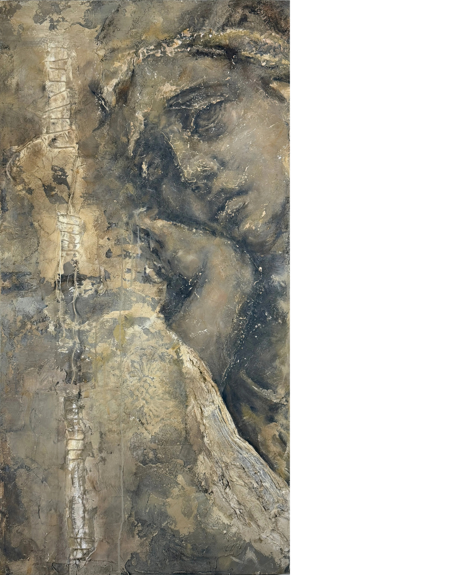 
  After Atlantis    
  
 
2026 
48H x 24W x 1.5D  in. 
  
 Plaster and plaster paints, vintage fabrics 
 and jute stitching on birch wood panel.     Inquire    
 
  
