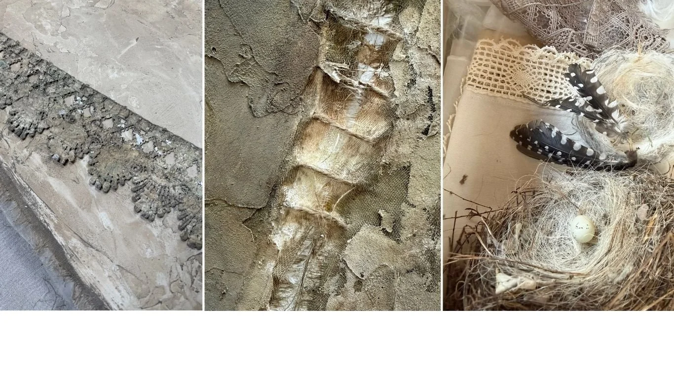 Three close-up images: the first shows a textured stone or concrete surface with decorative lace-like design; the second shows a weathered, tattered fabric or paper surface with peeling layers; the third shows a bird's nest with two black and white feathers and a white egg inside.
