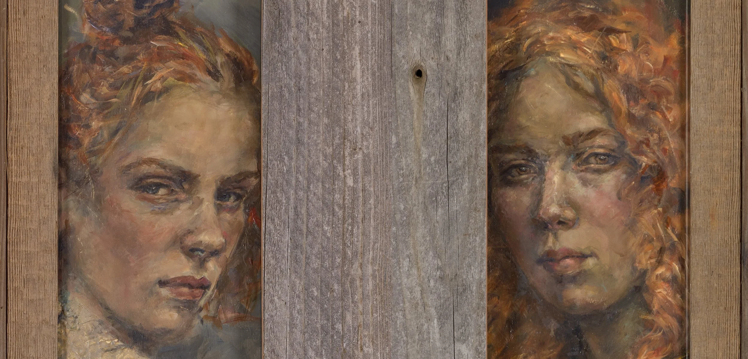 Painting of two women with curly hair, one on each side, set on a wooden background.