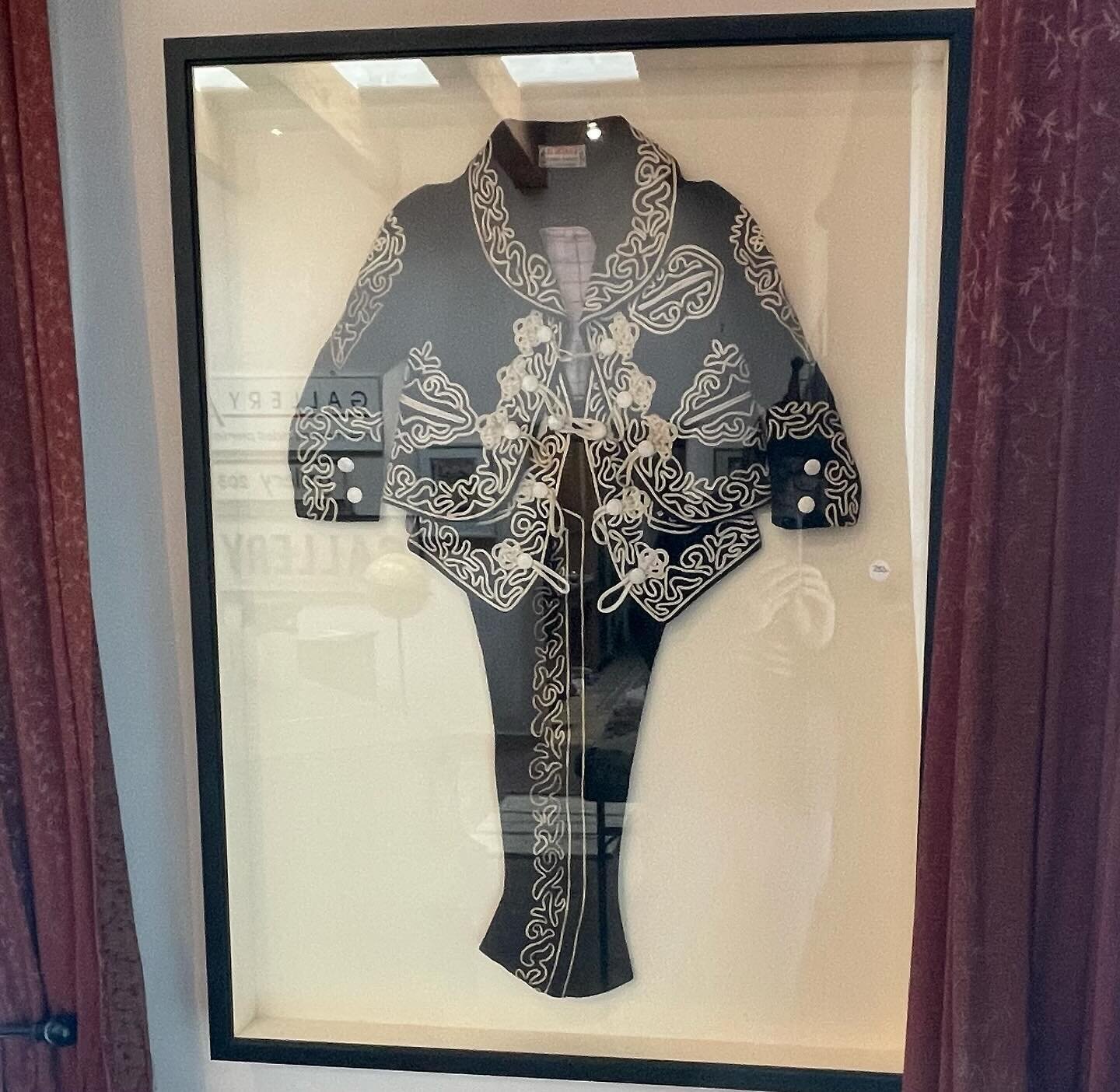 A children&rsquo;s elaborately #embroidered #marriachi outfit in a #shadowbox frame 28&rdquo;x38&rdquo; @$250 at the Gallery A #estatesale in #taos more than likely from #mexico over 50yrs old